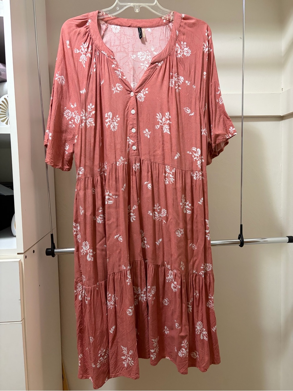 Button-Front Tiered Midi Dress in Rose Coral
